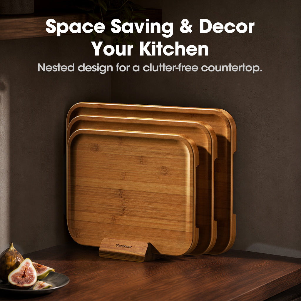 Stackbear Deep-Carbonized Bamboo Cutting Board Set of 3 with Stand