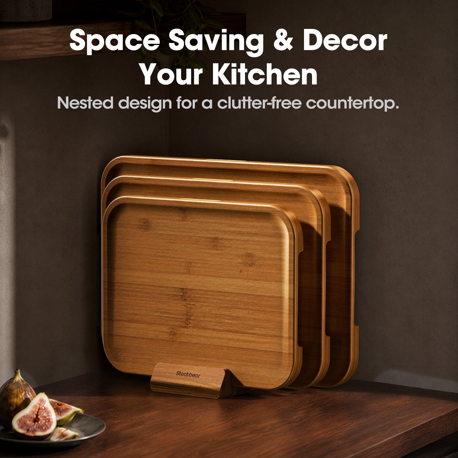 Stackbear Deep-Carbonized Bamboo Cutting Board Set of 3 with Stand