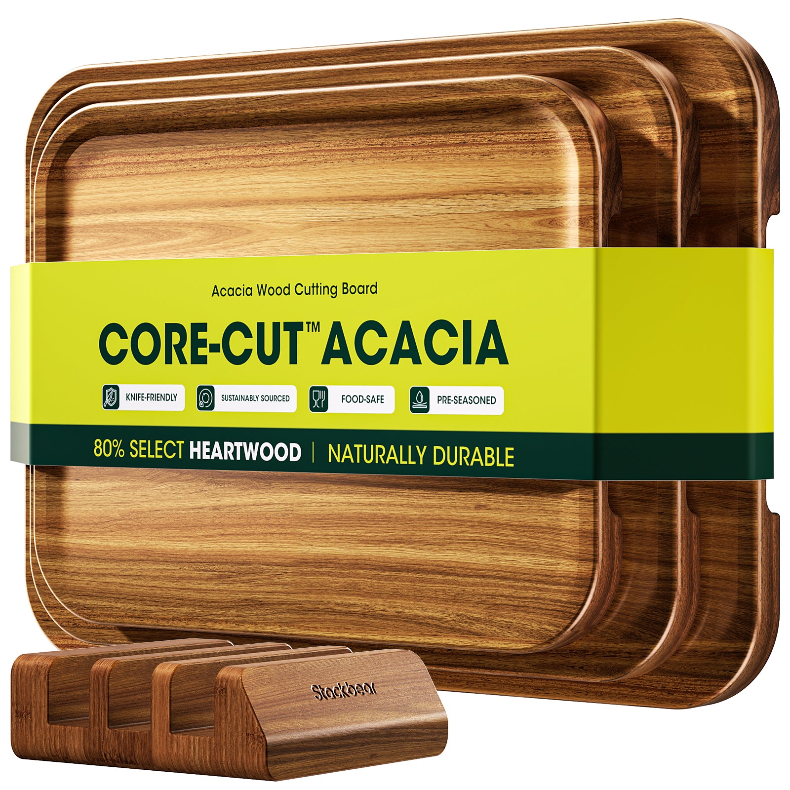 Starkbear Acacia Wood Cutting Board Set of 3 with Stand, Core-Cut Non Slip Wooden Chopping Block