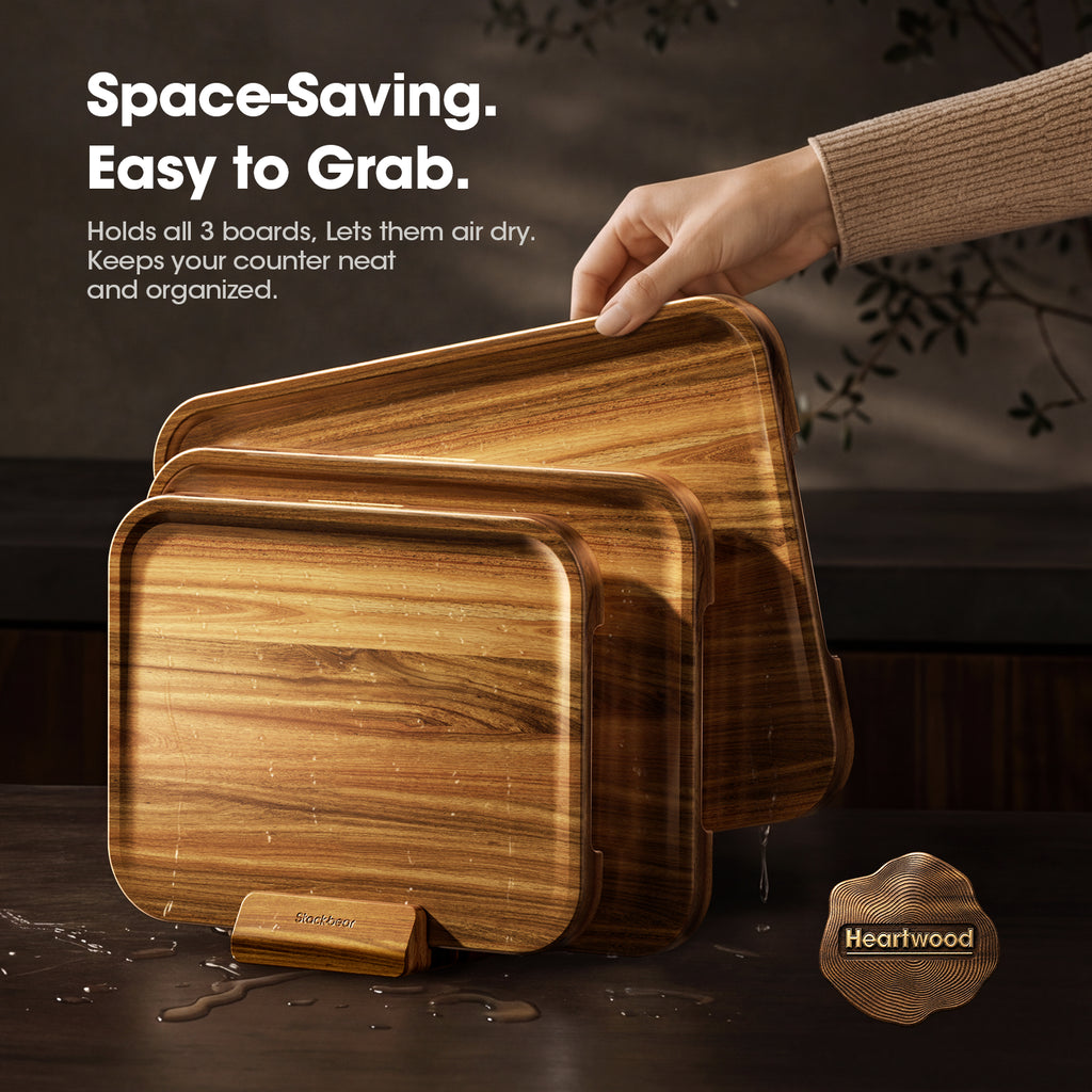 Starkbear Acacia Wood Cutting Board Set of 3 with Stand, Core-Cut Non Slip Wooden Chopping Block