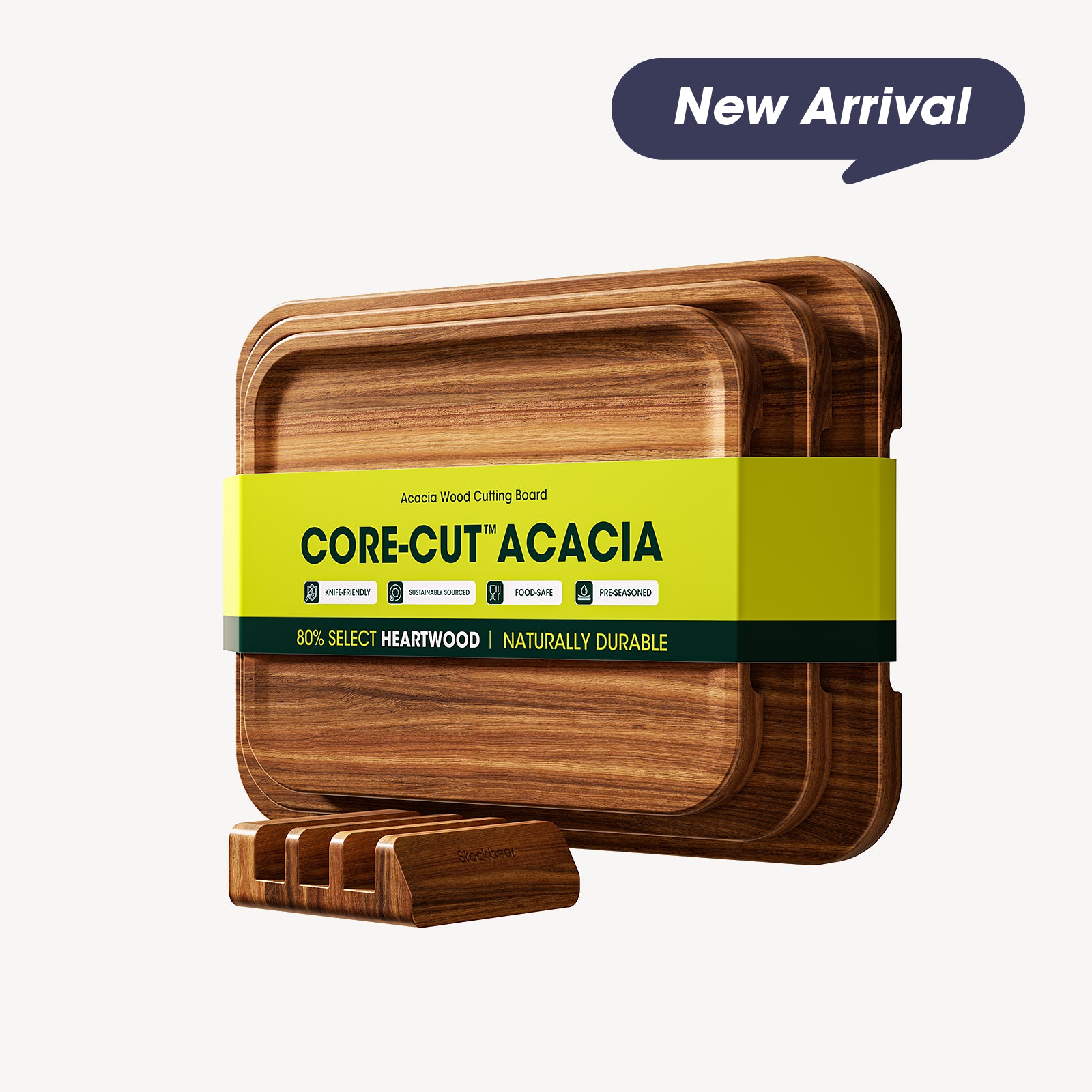 Starkbear Acacia Wood Cutting Board Set of 3 with Stand, Core-Cut Non Slip Wooden Chopping Block