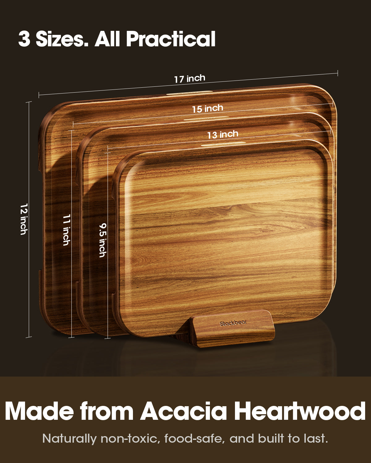 Starkbear Acacia Wood Cutting Board Set of 3 with Stand, Core-Cut Non Slip Wooden Chopping Block
