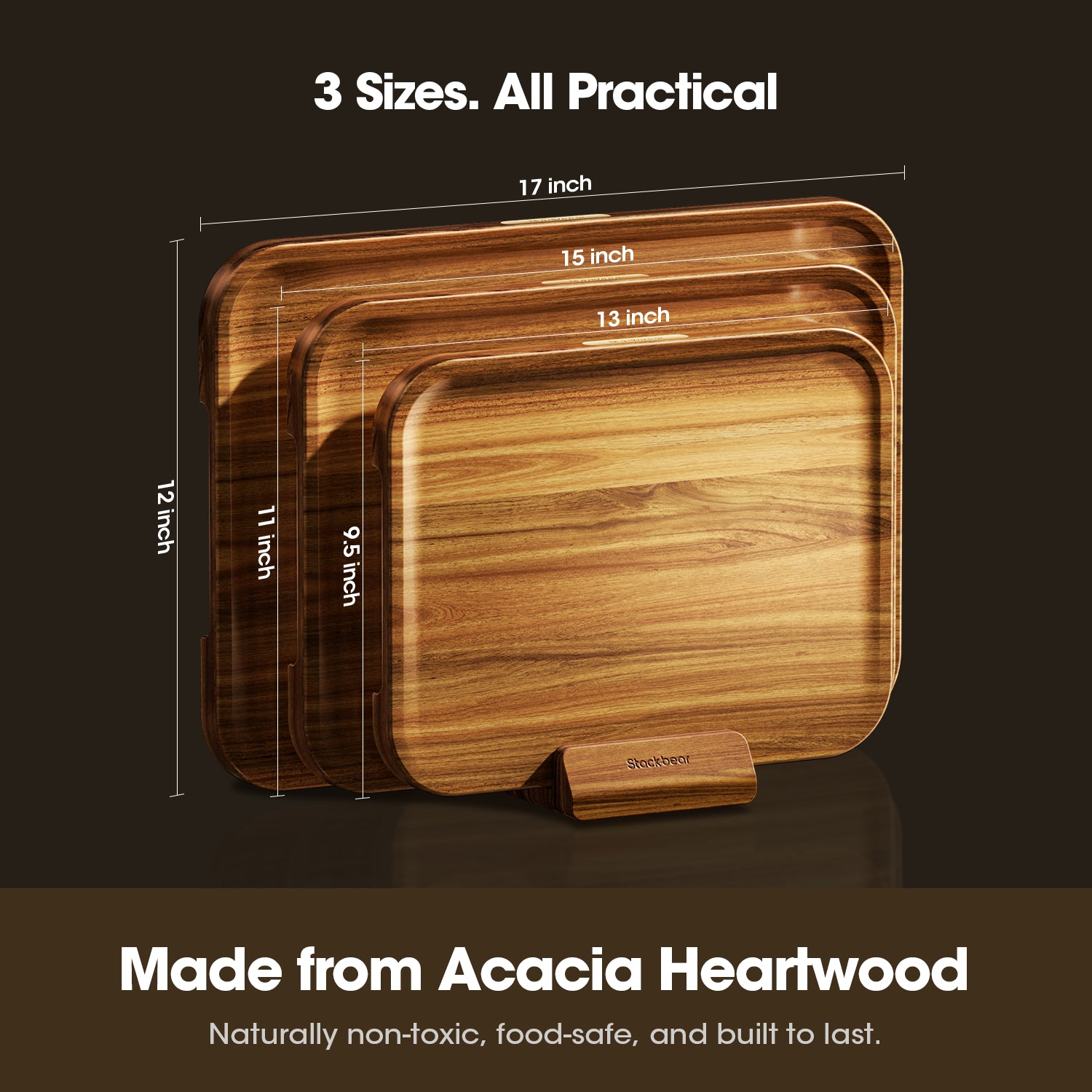 Starkbear Acacia Wood Cutting Board Set of 3 with Stand, Core-Cut Non Slip Wooden Chopping Block