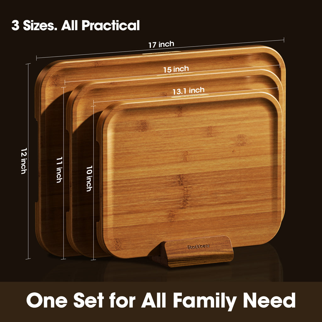 Stackbear Deep-Carbonized Bamboo Cutting Board Set of 3 with Stand
