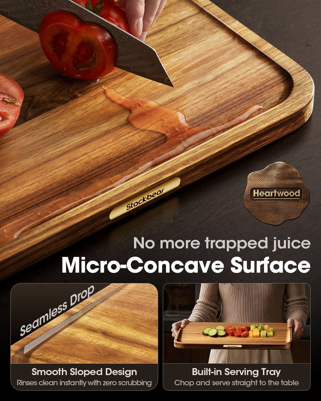 Starkbear Acacia Wood Cutting Board Set of 3 with Stand, Core-Cut Non Slip Wooden Chopping Block