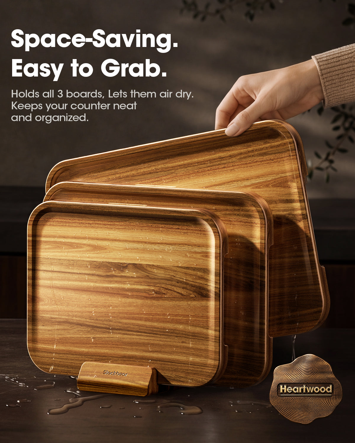 Starkbear Acacia Wood Cutting Board Set of 3 with Stand, Core-Cut Non Slip Wooden Chopping Block