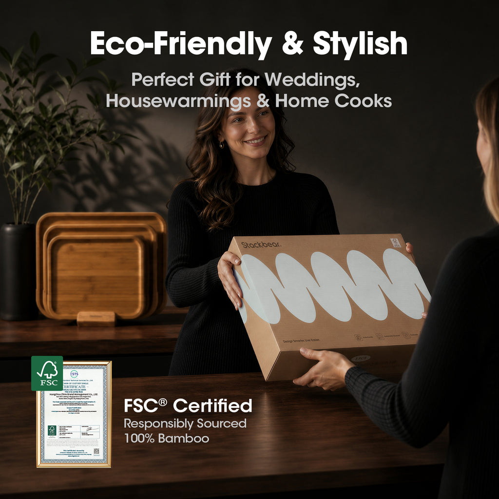 Stackbear Deep-Carbonized Bamboo Cutting Board Set of 3 with Stand
