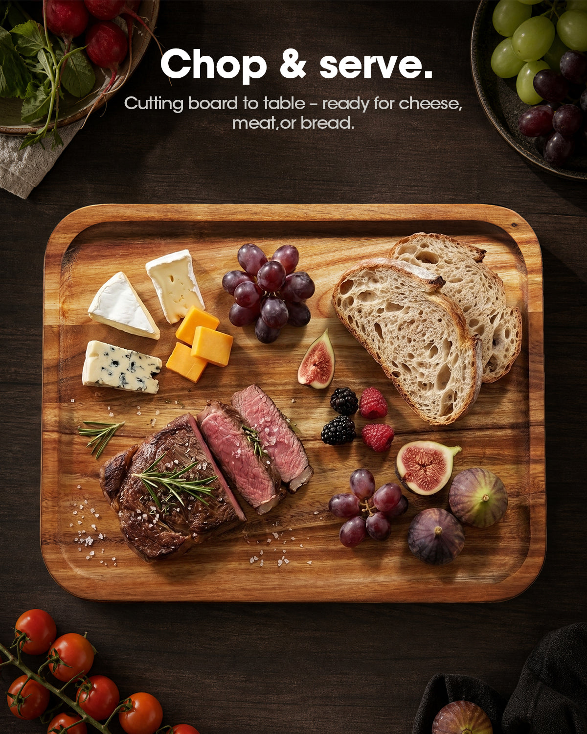 Starkbear Acacia Wood Cutting Board Set of 3 with Stand, Core-Cut Non Slip Wooden Chopping Block