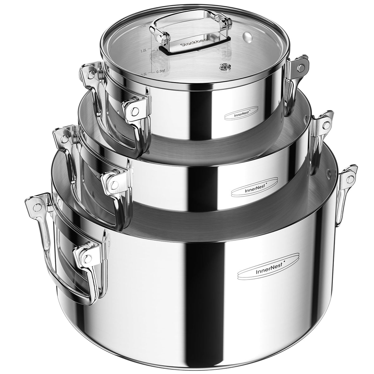 Stainless Steel Pot Set, 6-Piece Stackable Stock Pots with Glass Lids 3-ply stainless steel stock pot set with foldable handles, induction-ready base, and 1.7, 3.9 & 7.2 qt capacities.