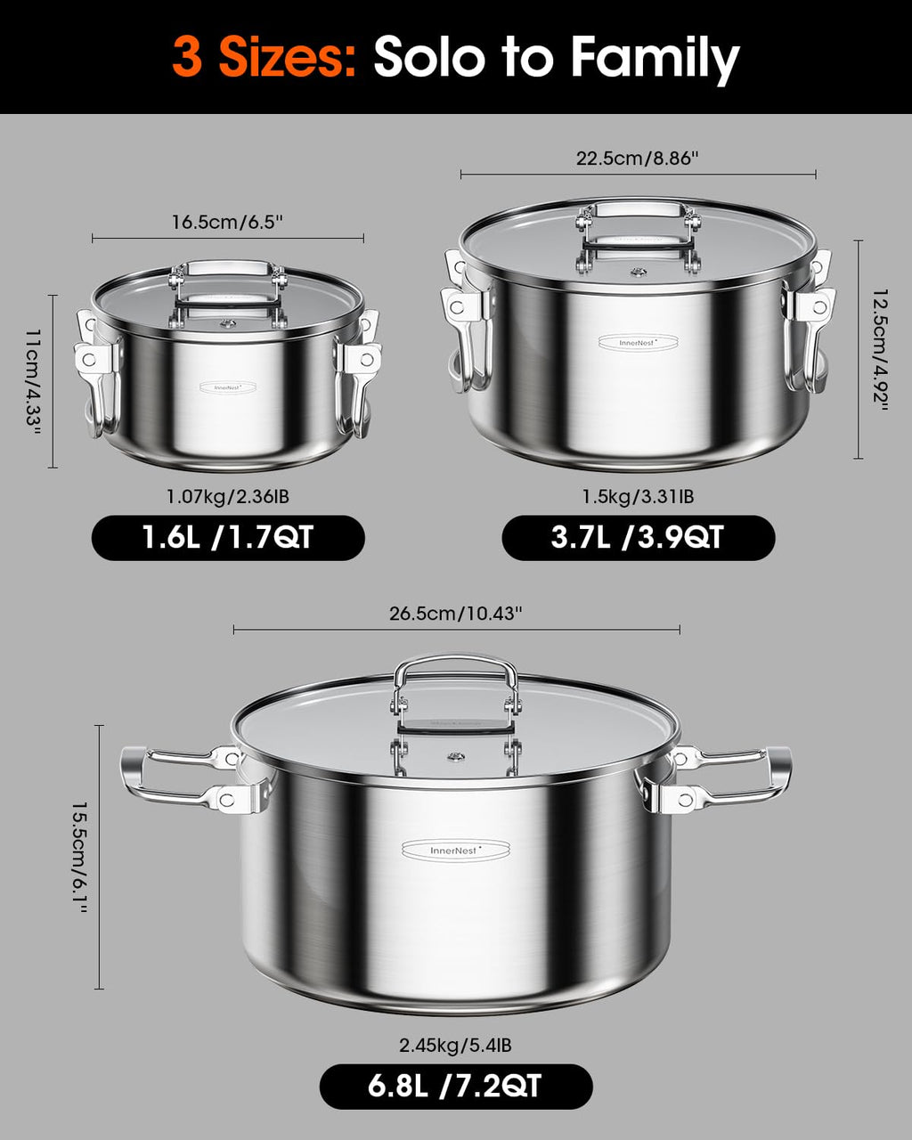 Stainless Steel Pot Set, 6-Piece Stackable Stock Pots with Glass Lids 3-ply stainless steel stock pot set with foldable handles, induction-ready base, and 1.7, 3.9 & 7.2 qt capacities.