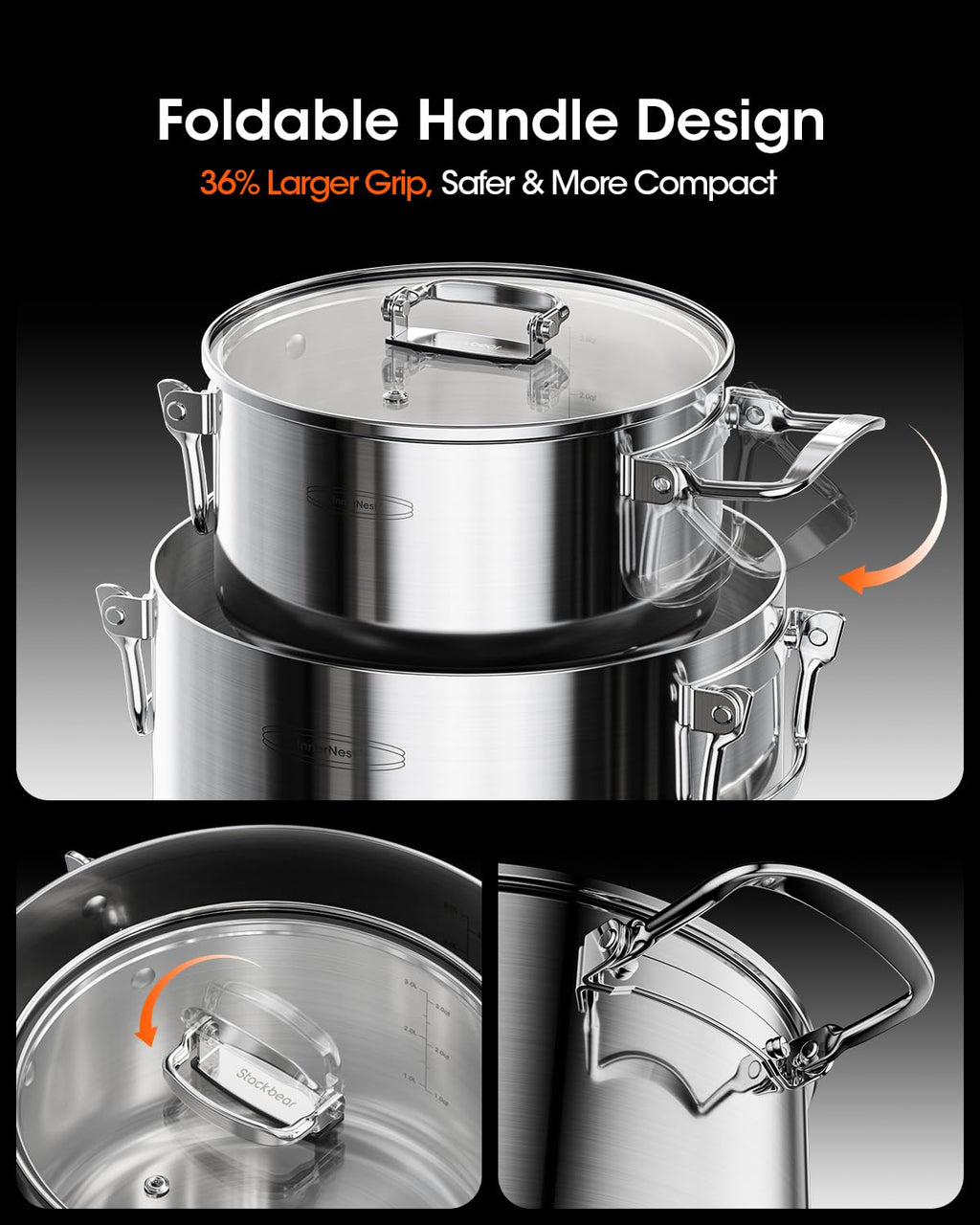 Stainless Steel Pot Set, 6-Piece Stackable Stock Pots with Glass Lids 3-ply stainless steel stock pot set with foldable handles, induction-ready base, and 1.7, 3.9 & 7.2 qt capacities.