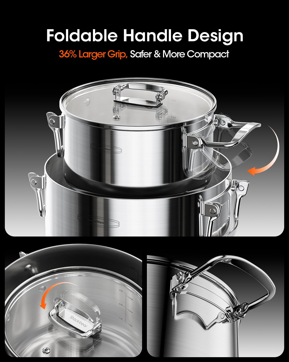 Stainless Steel Pot Set, 6-Piece Stackable Stock Pots with Glass Lids 3-ply stainless steel stock pot set with foldable handles, induction-ready base, and 1.7, 3.9 & 7.2 qt capacities.