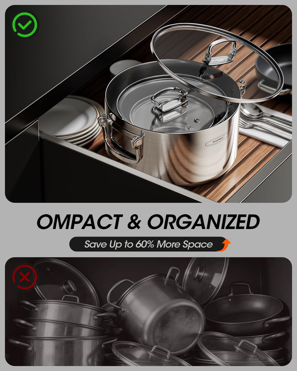 Stainless Steel Pot Set, 6-Piece Stackable Stock Pots with Glass Lids 3-ply stainless steel stock pot set with foldable handles, induction-ready base, and 1.7, 3.9 & 7.2 qt capacities.
