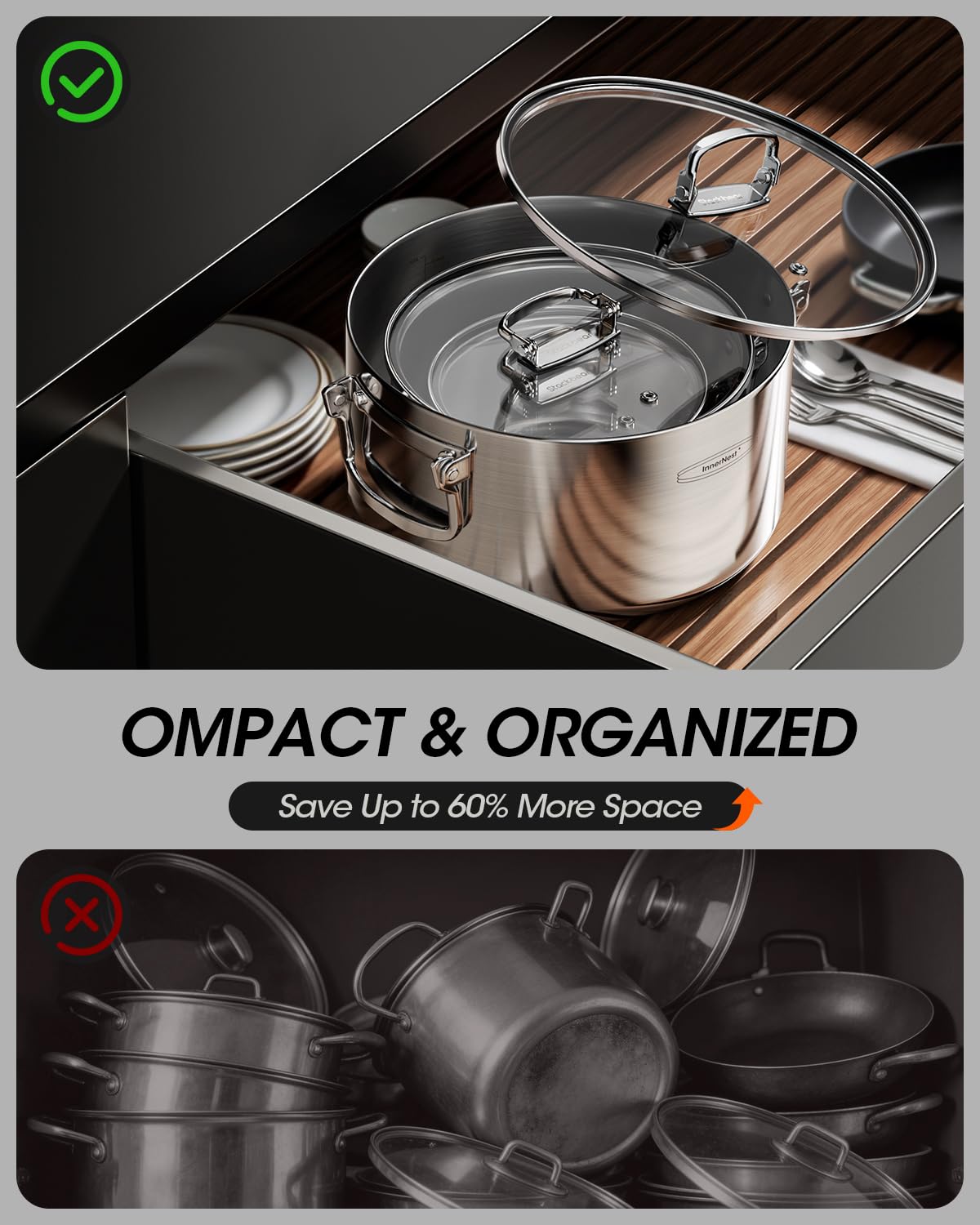 Stainless Steel Pot Set, 6-Piece Stackable Stock Pots with Glass Lids 3-ply stainless steel stock pot set with foldable handles, induction-ready base, and 1.7, 3.9 & 7.2 qt capacities.