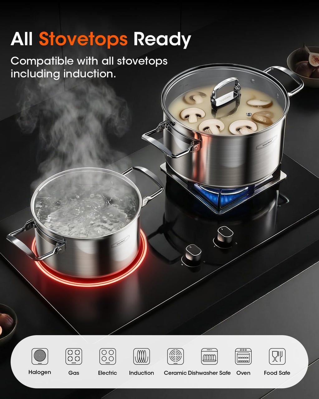 Stainless Steel Pot Set, 6-Piece Stackable Stock Pots with Glass Lids 3-ply stainless steel stock pot set with foldable handles, induction-ready base, and 1.7, 3.9 & 7.2 qt capacities.