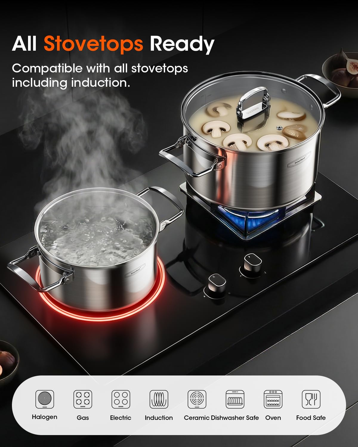 Stainless Steel Pot Set, 6-Piece Stackable Stock Pots with Glass Lids 3-ply stainless steel stock pot set with foldable handles, induction-ready base, and 1.7, 3.9 & 7.2 qt capacities.