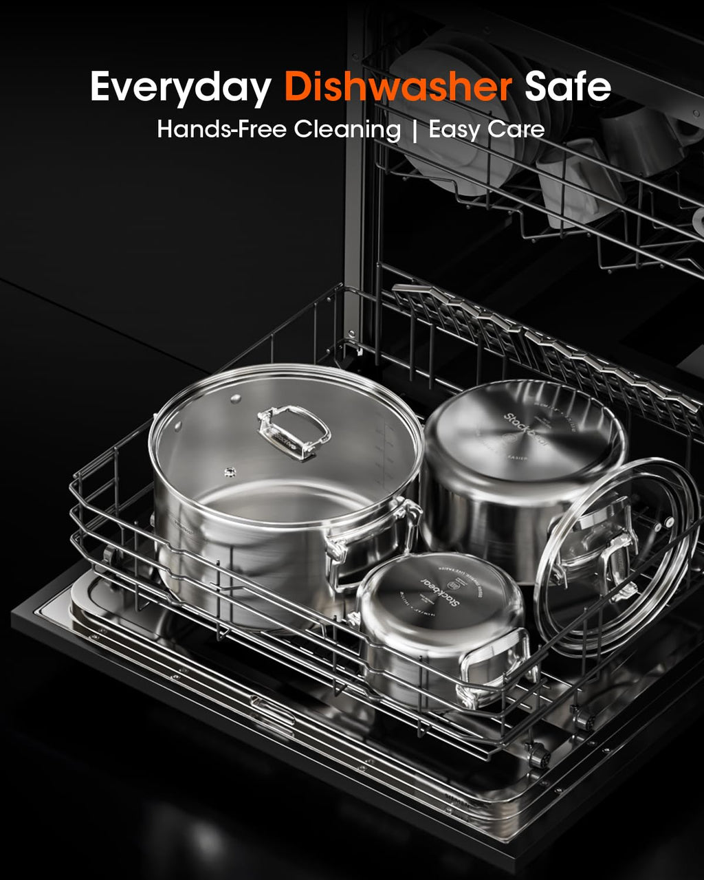 Stainless Steel Pot Set, 6-Piece Stackable Stock Pots with Glass Lids 3-ply stainless steel stock pot set with foldable handles, induction-ready base, and 1.7, 3.9 & 7.2 qt capacities.