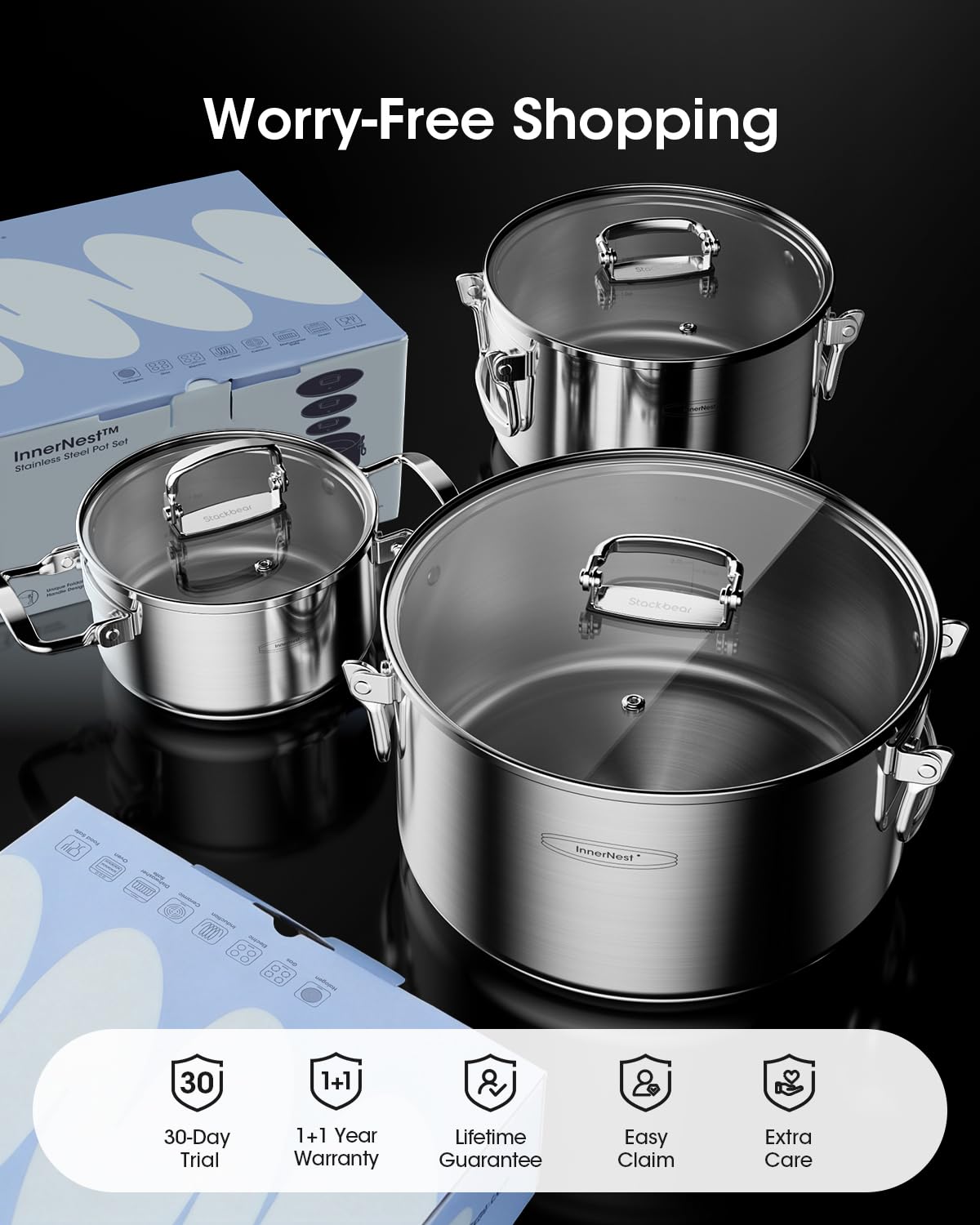 Stainless Steel Pot Set, 6-Piece Stackable Stock Pots with Glass Lids 3-ply stainless steel stock pot set with foldable handles, induction-ready base, and 1.7, 3.9 & 7.2 qt capacities.
